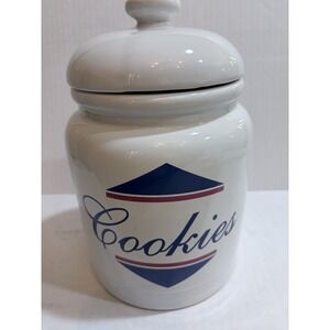 Badcock 89th Anniversary Ceramic Cookie Jar w/ Lid Handle, White Blue Red